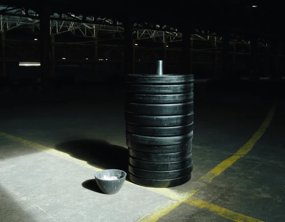 Stacked black cast iron olympic plates on a plate tree beside a chalk bowl and a worn leather lifting belt.