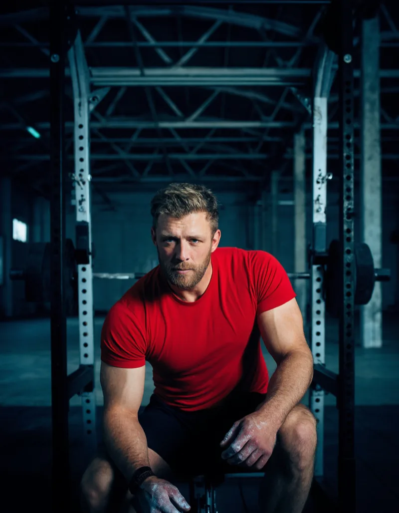 A member in his forties in a red t-shirt resting against a squat rack, hands chalked, looking straight into the camera.